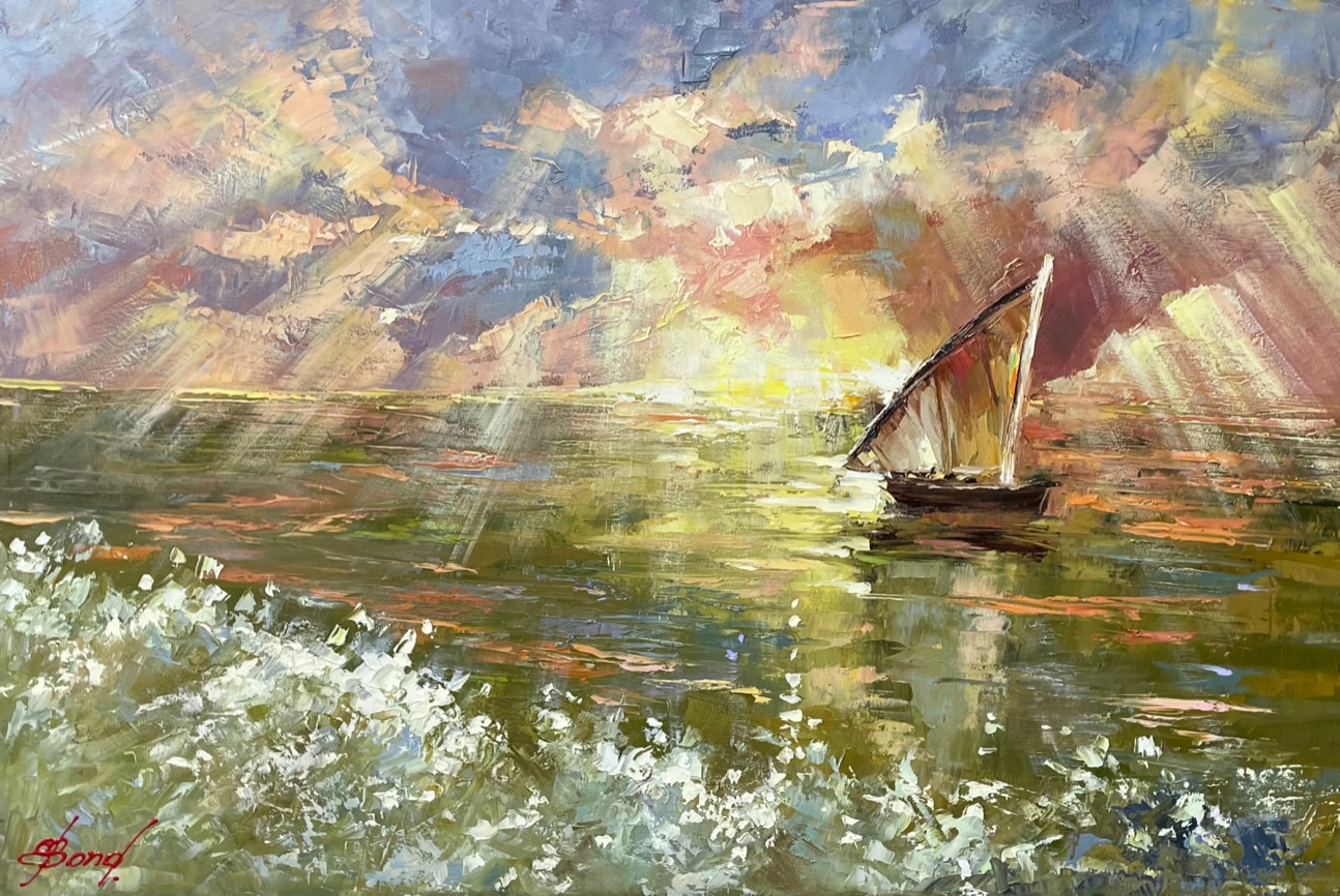 ELENA BOND - Sunlit Sailboat - Oil on Canvas - 24x36 inches