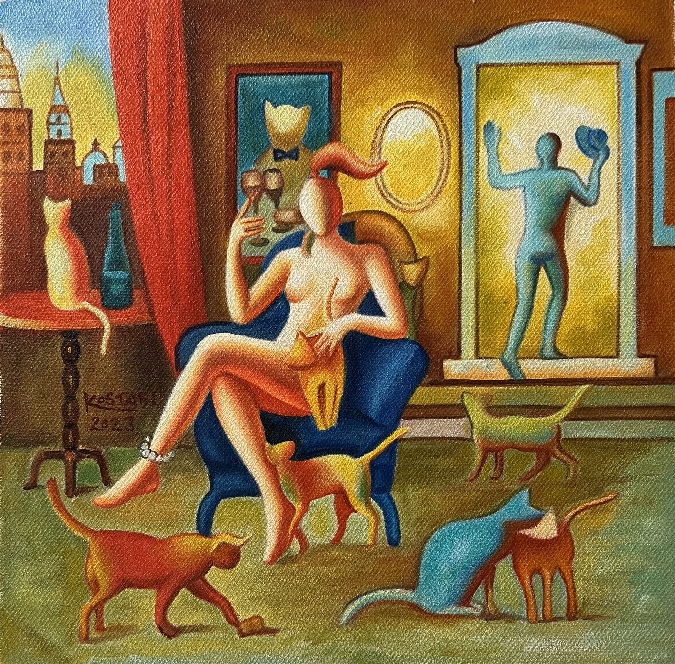 MARK KOSTABI - Pick Up Some Purina While You Are Out - Oil on Canvas - 12x12 inches