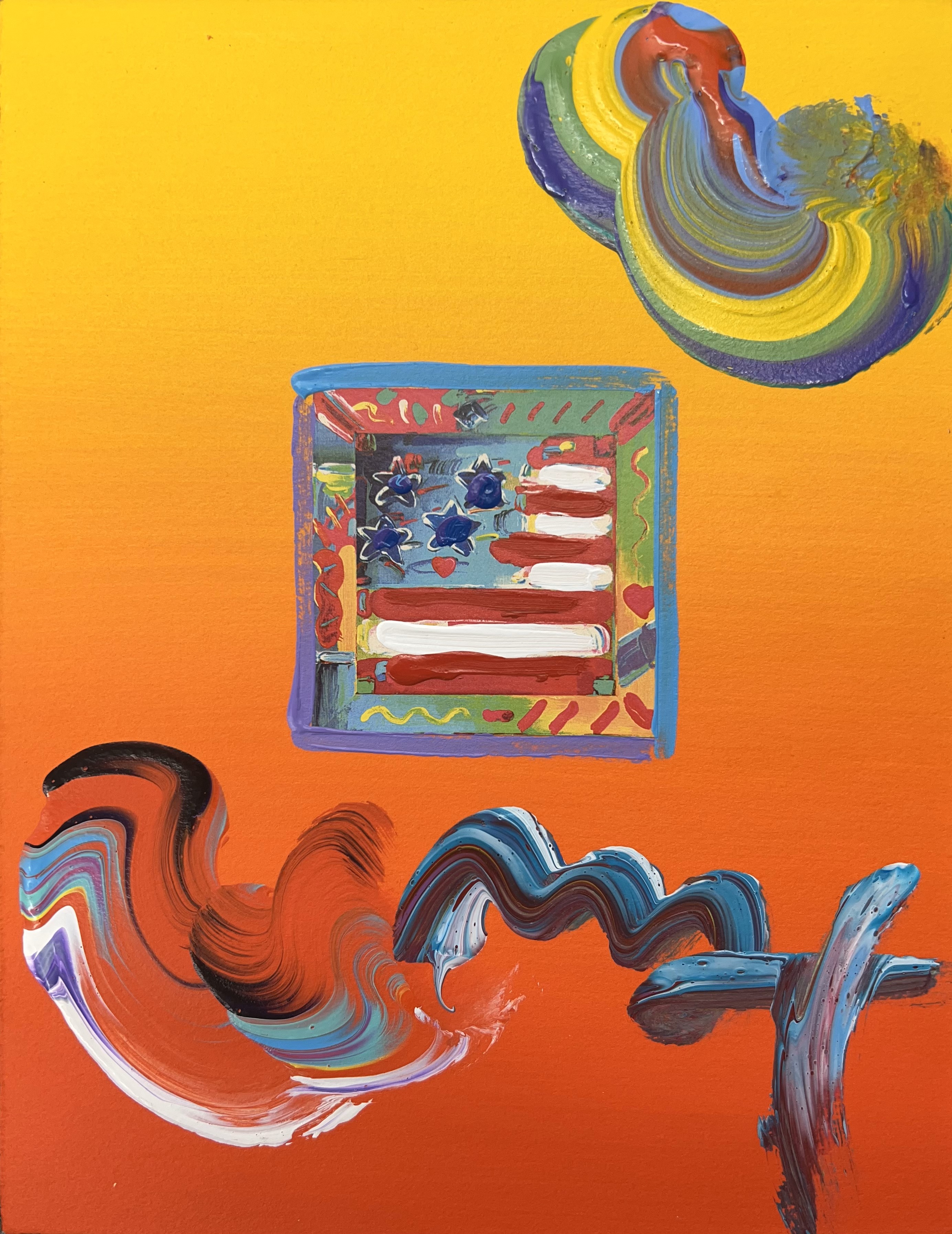 PETER MAX - Flag With Heart - Mixed Media Paper - 11x8.5 inches