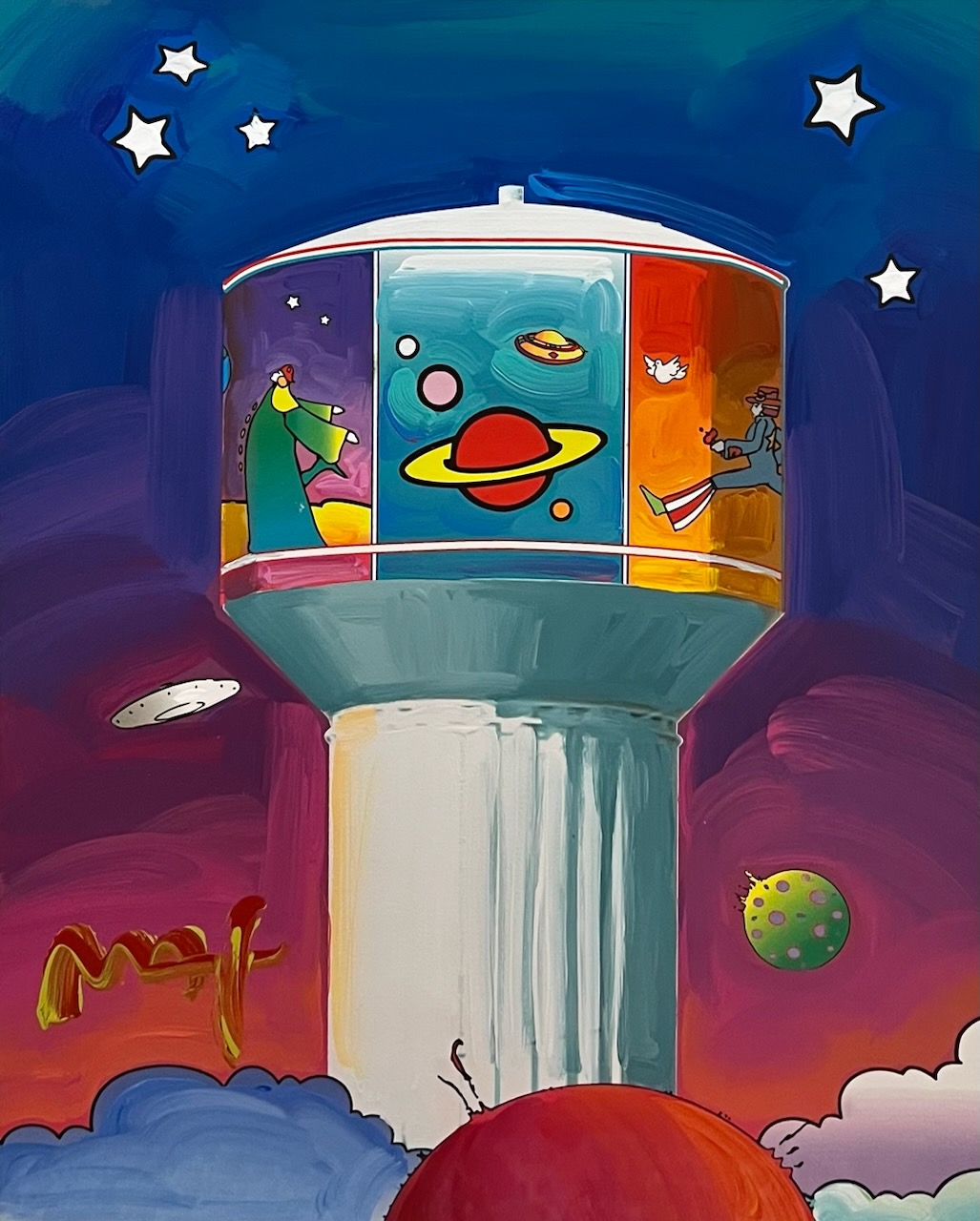 PETER MAX - Water Tower with Banner - Mixed Media Paper - 20x16 inches