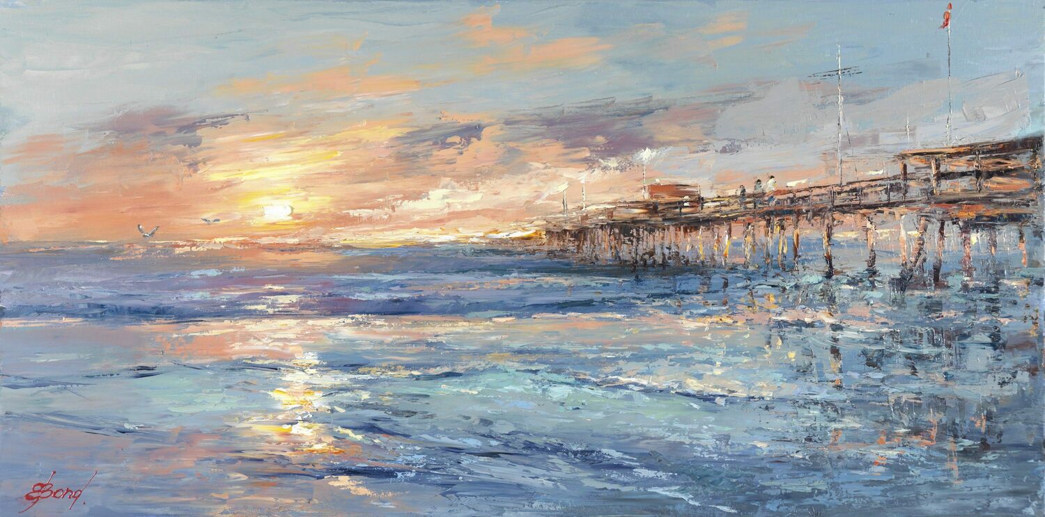 ELENA BOND - On The Pier At Dawn - Oil on Canvas - 24x48 inches