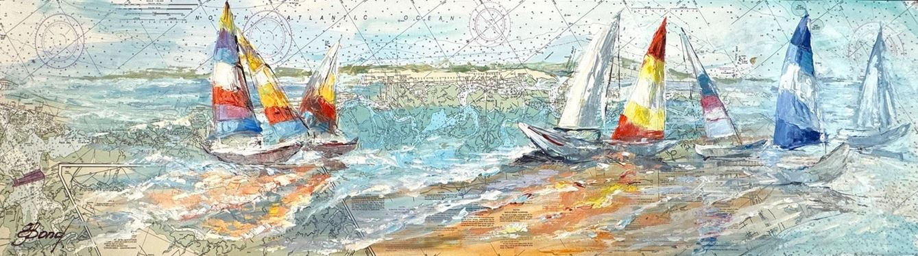 ELENA BOND - Cape May Chart Series lll - Mixed Media Canvas - 16x54 inches