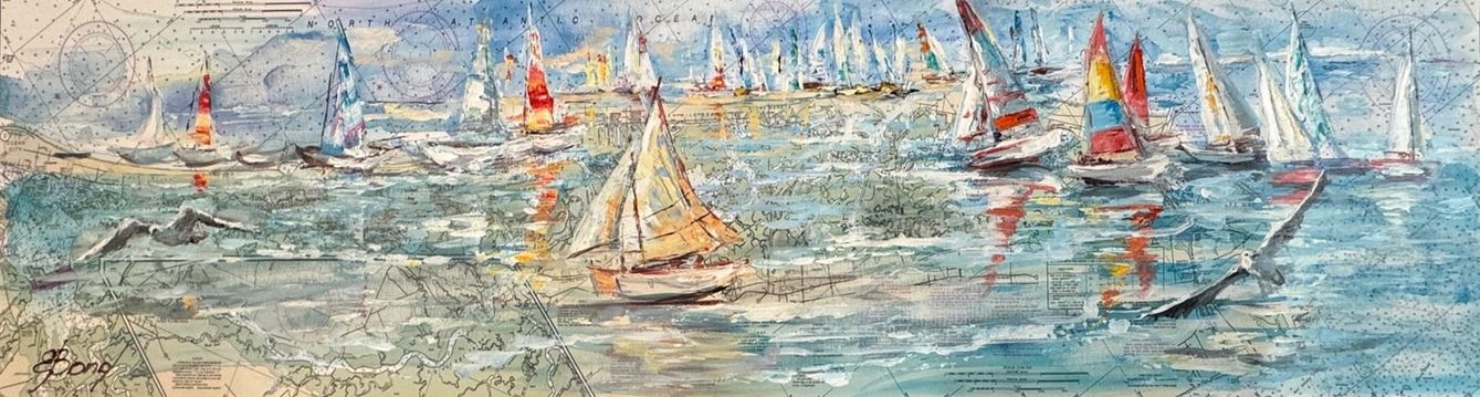 ELENA BOND - Cape May Chart Series lV - Mixed Media Canvas - 16x54 inches