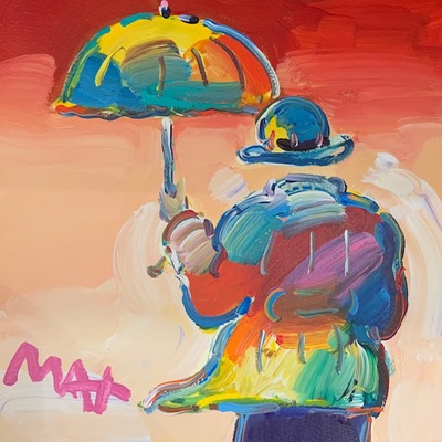 PETER MAX - Umbrella Man on Red - Mixed Media Paper - 11x11 inches