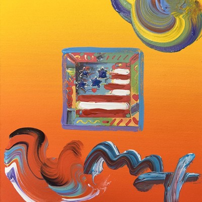 PETER MAX - Flag With Heart - Mixed Media Paper - 11x8.5 inches
