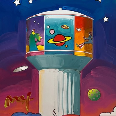 PETER MAX - Water Tower with Banner - Mixed Media Paper - 20x16 inches