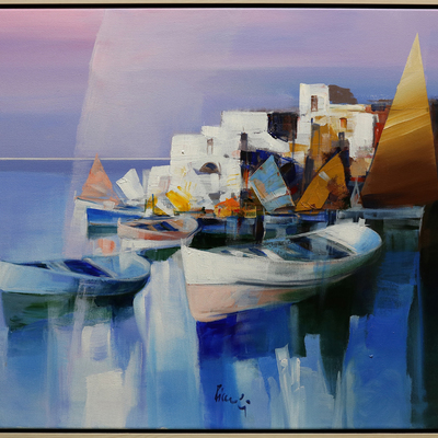 PIETRO PICCOLI - Alghero, The Port of Sardinia - Mixed Media on Canvas - 28x35 inches