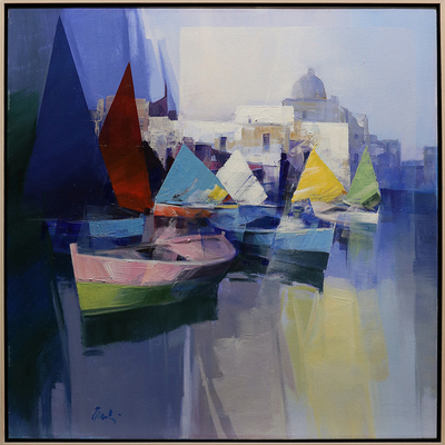 PIETRO PICCOLI - Sailing Through Alghero - Mixed Media on Canvas - 31x31 inches