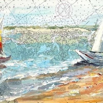 ELENA BOND - Cape May Chart Series lll - Mixed Media Canvas - 16x54 inches